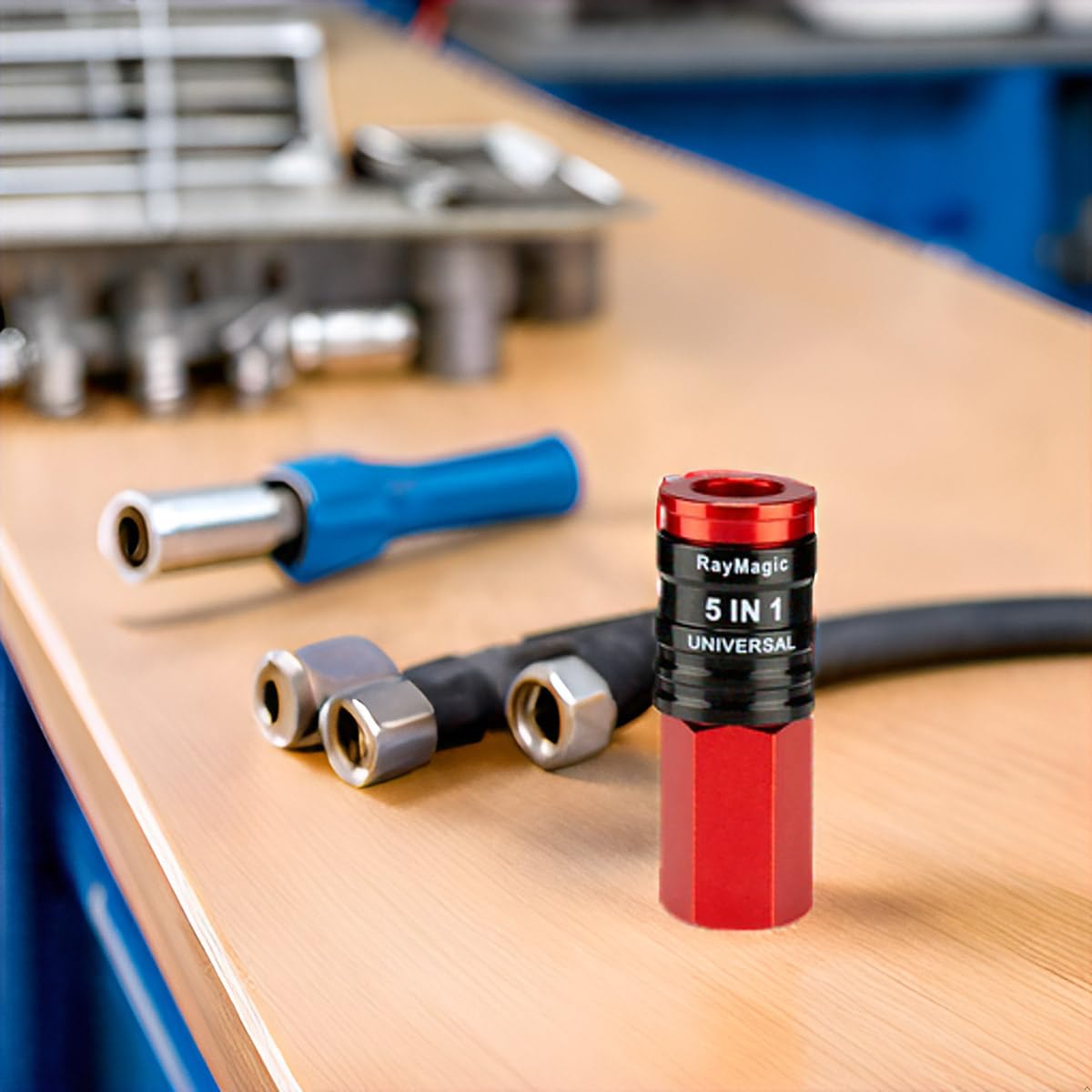 RayMagic Acoplador universal de conexión industrial rápida 5 en 1, NPT hembra de 1/4 pulgadas, accesorios de manguera de aire, manga de liberación, rojo (1 pieza)
