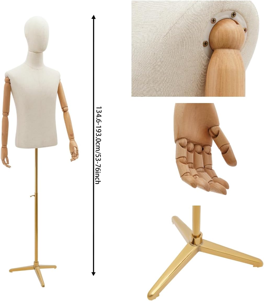 Male Mannequin Torso with Stand & Head Male Dress Form 53"~76" Height Adjustable Body with Tripod Metal Stand, Sewing Mens Mannequin Detachable for Store Display (Gold, 53"~76")