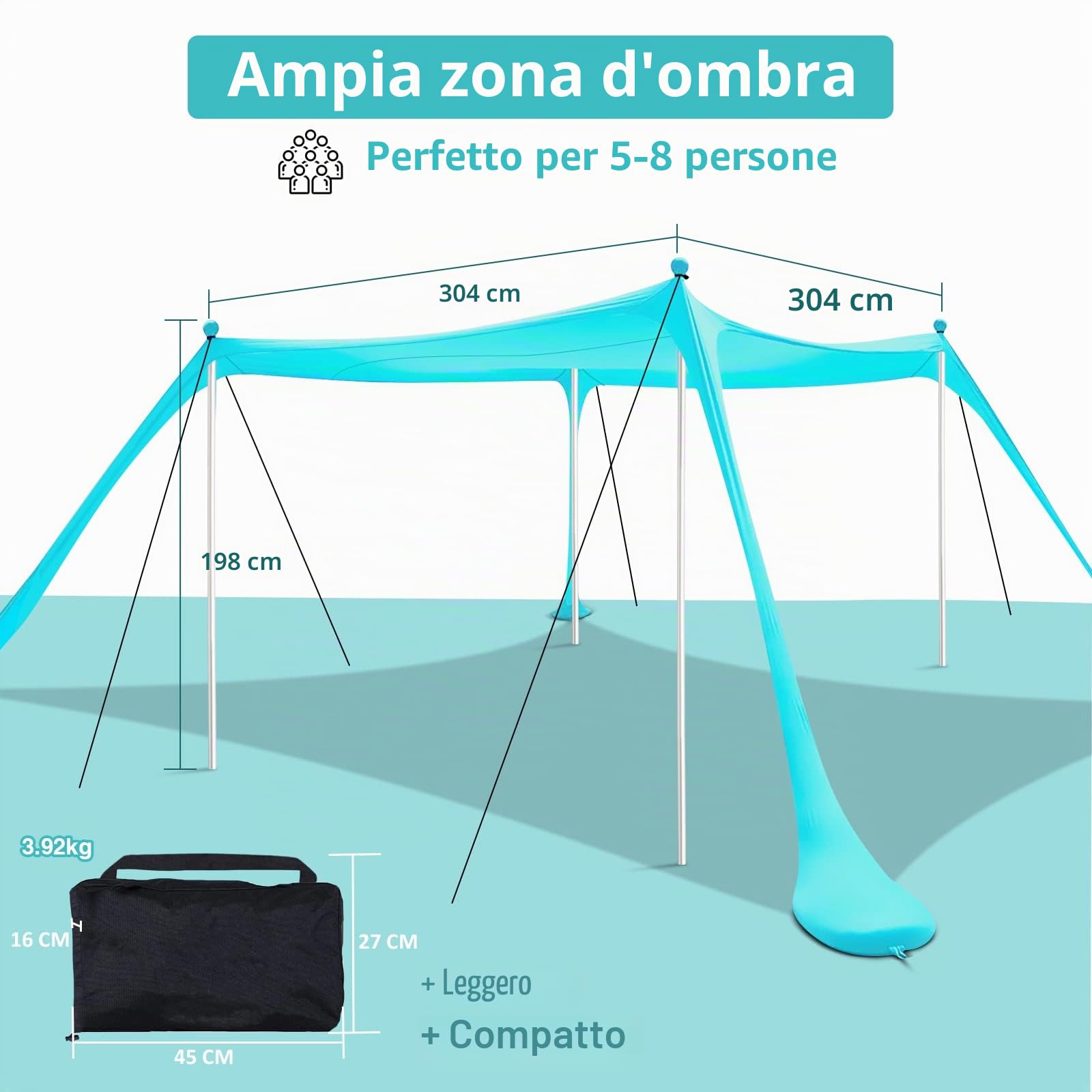 Tenda da spiaggia, protezione UV, tenda da sole, tenda da sole, tenda da spiaggia, 3 × 3 m, per campeggio, pesca, divertimento sul cortile o picnic