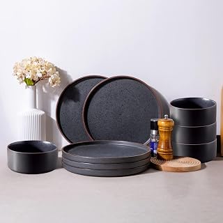 LeRatio 12-Piece Ceramic Dinnerware Set for 4 - Chip-Resistant Stoneware Plates & Bowls, Oven/Microwave/Dishwasher Safe, Reactive Glaze Ashen
