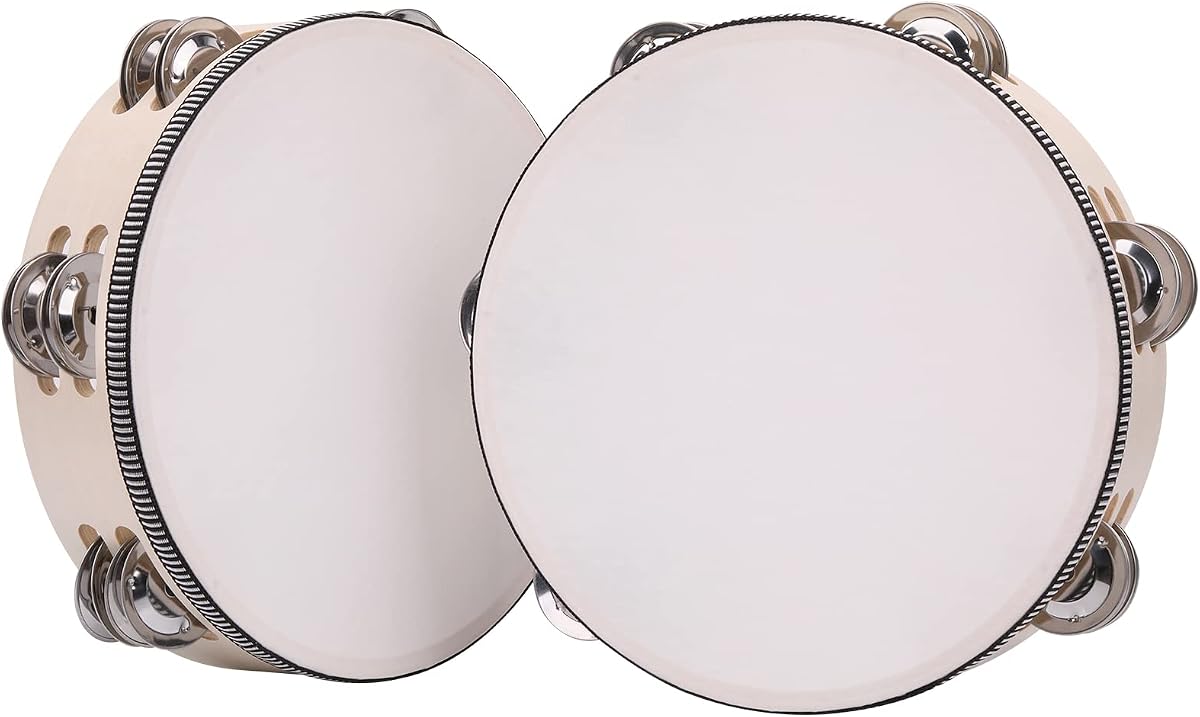 Paquete de 2 panderetas de doble fila de 8 pulgadas para adultos pandereta de madera de mano con cascabeles de metal, instrumentos musicales de percusión pandereta de mano para iglesia, KTV, fiesta