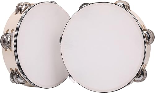 Paquete de 2 panderetas de doble fila de 8 pulgadas para adultos, campanas de tambor de mano de madera con jingles de metal, instrumentos musicales