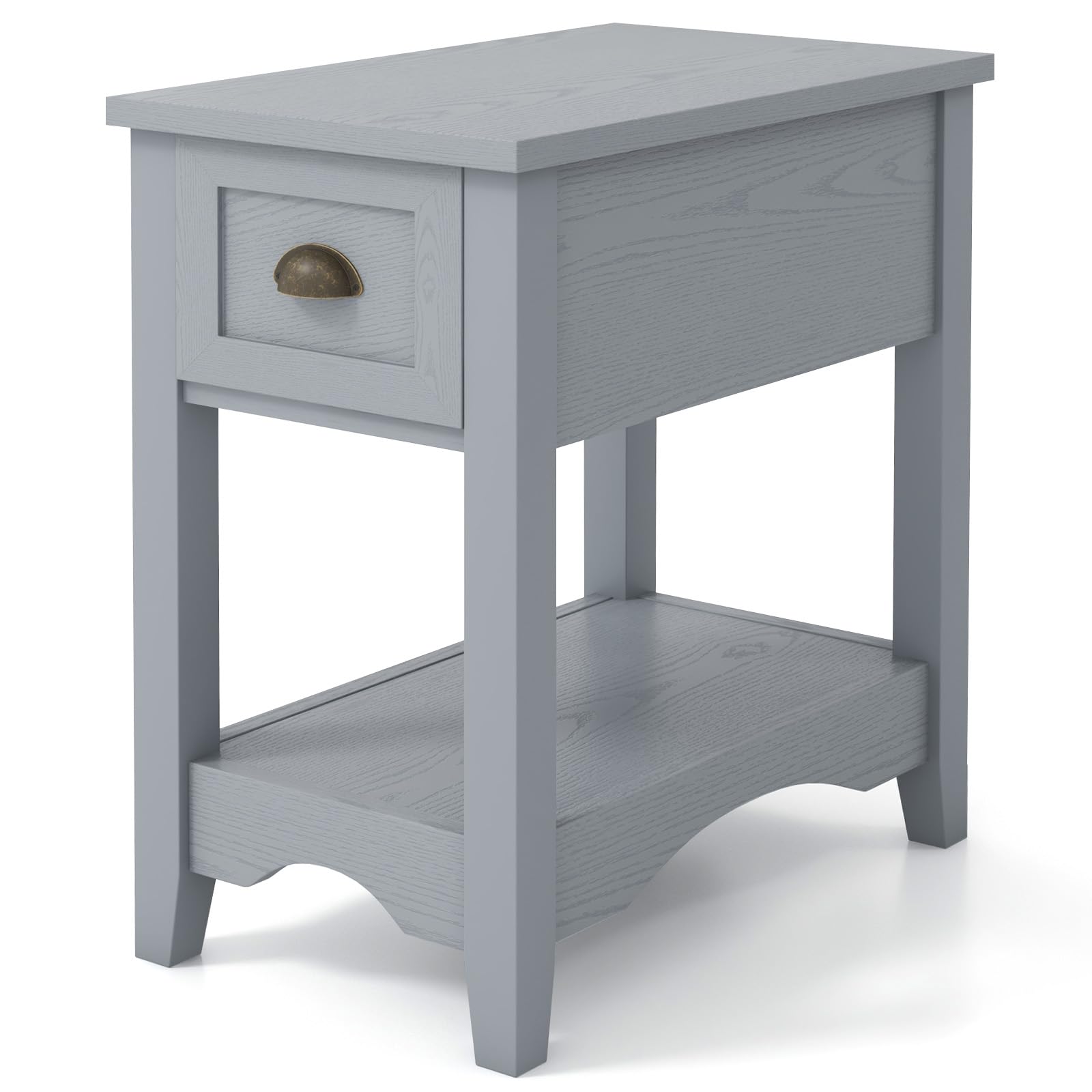 COSTWAY Slim Sofa Side Table, Wooden Nightstand Bedside End Table with Drawer, Storage Shelf & Solid Rubber Wood Legs, Narrow Accent Tea Table for Living Room Bedroom Office, 56x33x59cm (1, Grey)