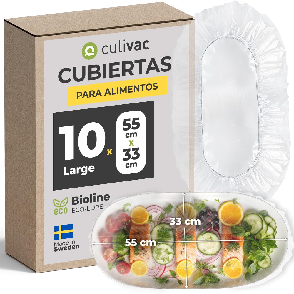 Culivac Cubiertas para Alimentos Bioline ECO-LDPE, banda elástica caucho natural, Bolsas para Tapar Alimentos, film transparente comida, cuencos, pasteles, hecho en Suecia, sin BPA, 10 uds 55x33 cm.