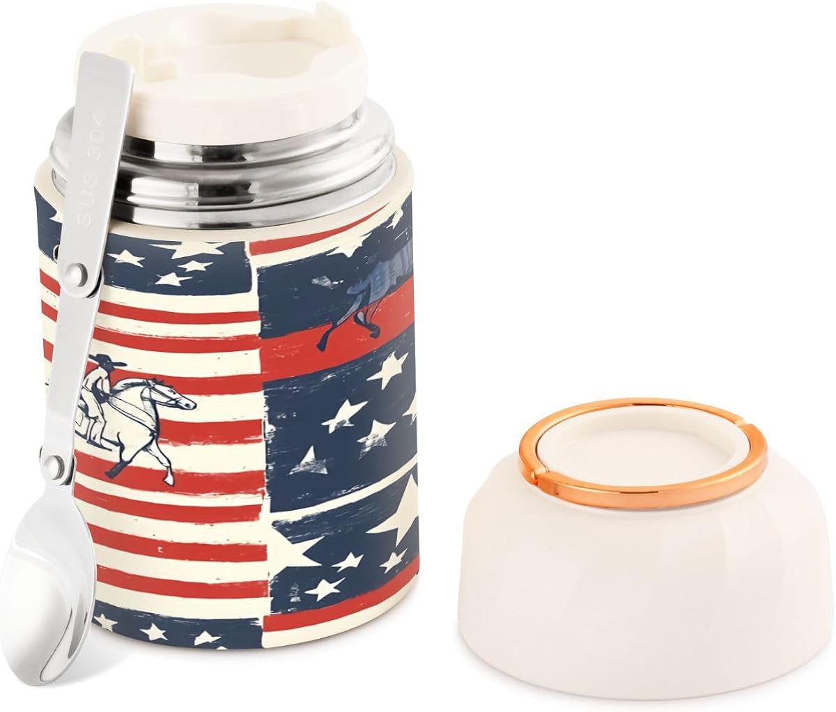 YETTASBIN Tarro de comida de acero inoxidable con aislamiento al vacío de 17 oz para niños adultos, vaquero americano a prueba de fugas, sopa de boca ancha, recipiente térmico para almuerzo y fruta con cuchara plegable para alimentos fríos y calientes