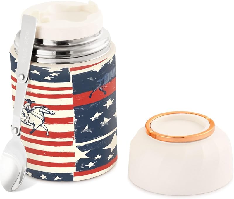 YETTASBIN Tarro de comida de acero inoxidable con aislamiento al vacío de 17 oz para niños adultos, vaquero americano a prueba de fugas, sopa de boca ancha, recipiente térmico para almuerzo y fruta con cuchara plegable para alimentos fríos y calientes