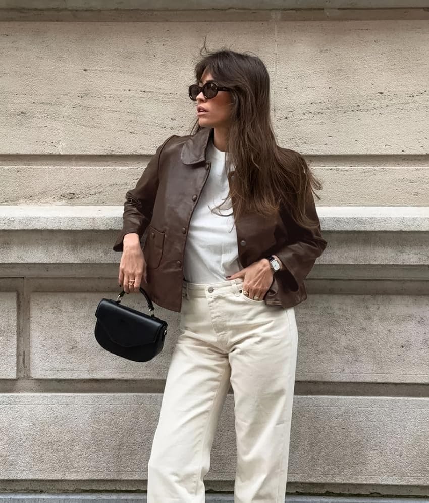 VOIKERDR Women Leather Jacket Cropped Leather Jacket Solid Color Button Down Jacket for Woman with Pockets4