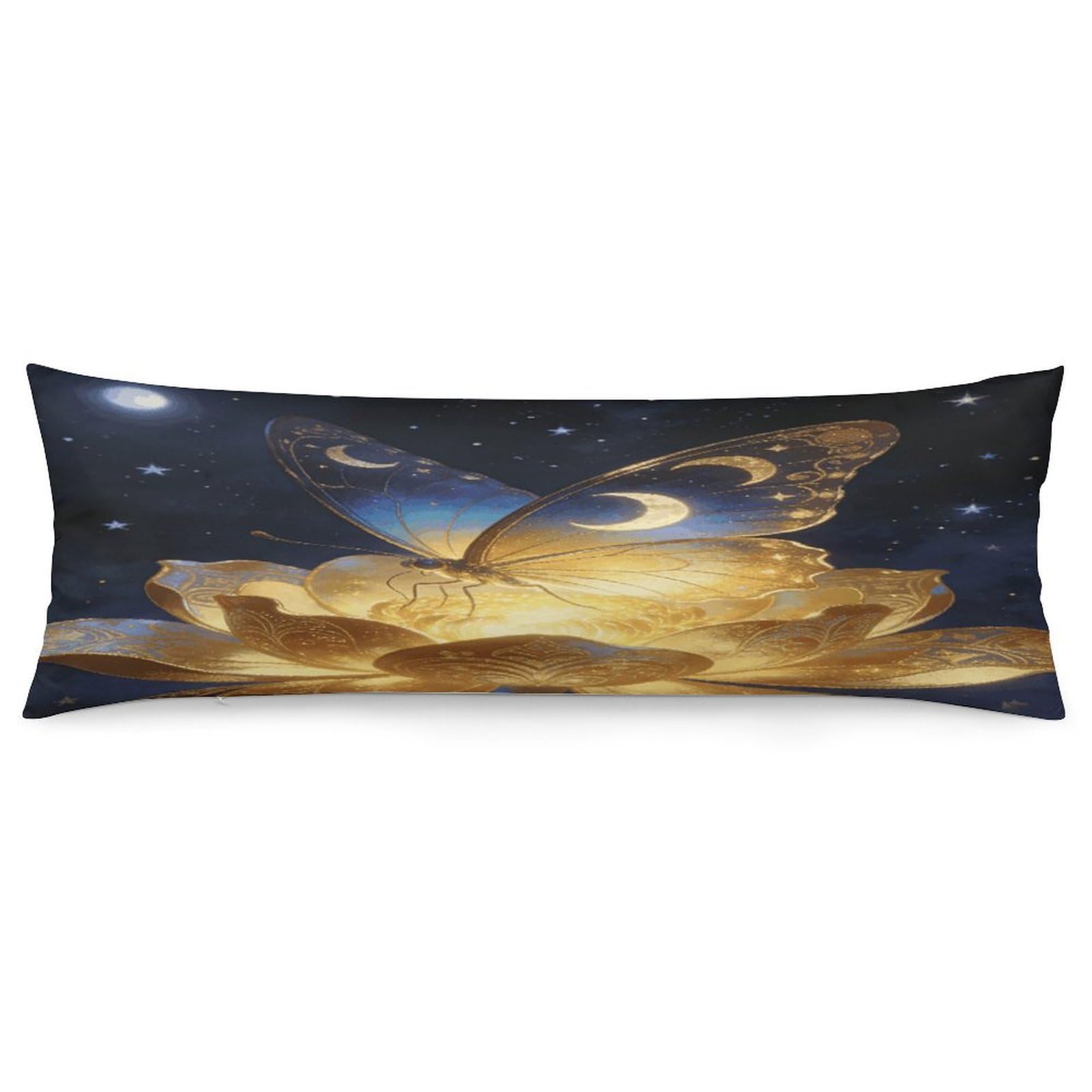 Body Pillow Pillowcase 19x53 Inch Golden Retro Fantasy Starry Moon Butterfly Print Body Pillow Cover with Hide Zipper Super Soft Cozy Long Pillow Case Rectangle Long Body Lumbar Cushion Case for Bedro