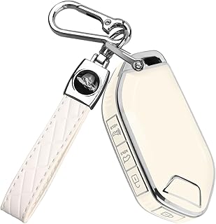 for Kia Key fob Cover,Soft TPU 360°Car Key Case Protector with Leather Keychain Compatible with Kia Telluride 2023/2024 5 Buttons Smart Key(White)