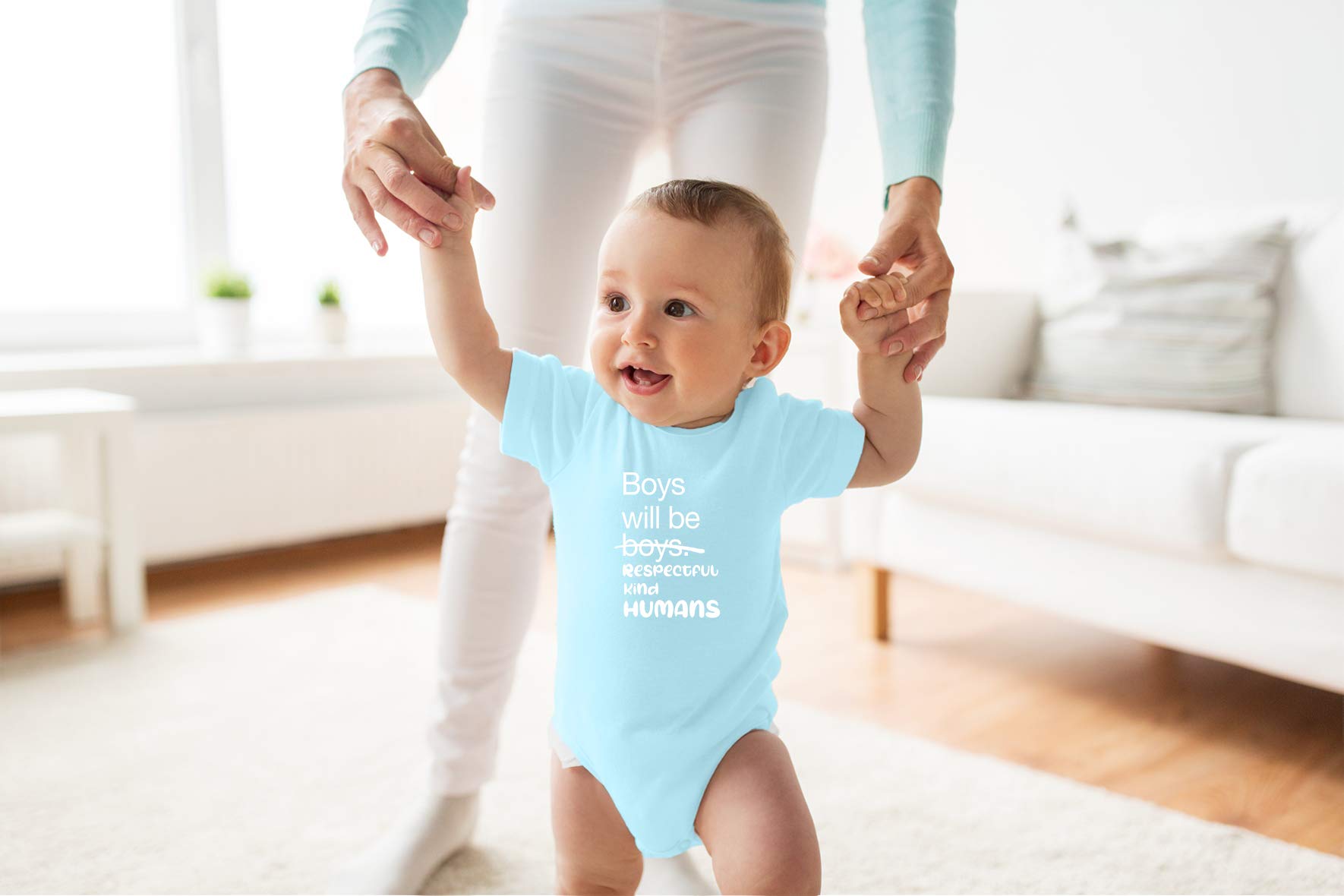 Boys Will Be Boys, Respectful Kind Humans - Funny Baby Essentials Bodysuit - Baby Boy Clothes (12 Months, Light Blue)