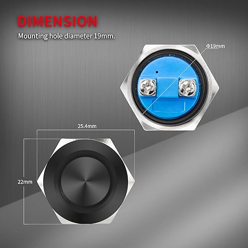 Miniatura 3 de DaierTek Interruptor de botón de bocina momentánea de 12 V, metal negro, impermeable, 0.748 in, interruptor de encendido de arranque redondo para