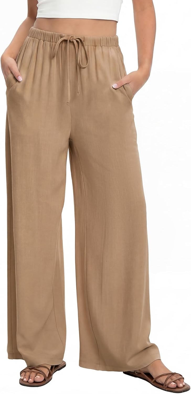 HONGTEYA Linen Pants for Women Wide Leg Palazzo Trousers Cotton Flowy Pants with Pockets for Summer Beach