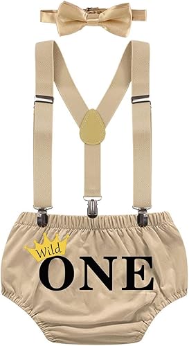 Miniatura 21 de MYRISAM Wild One - Traje de pastel para niño para primer cumpleaños, sesión de fotos con estampado de flores, tirantes y corbatín, disfraz de baby