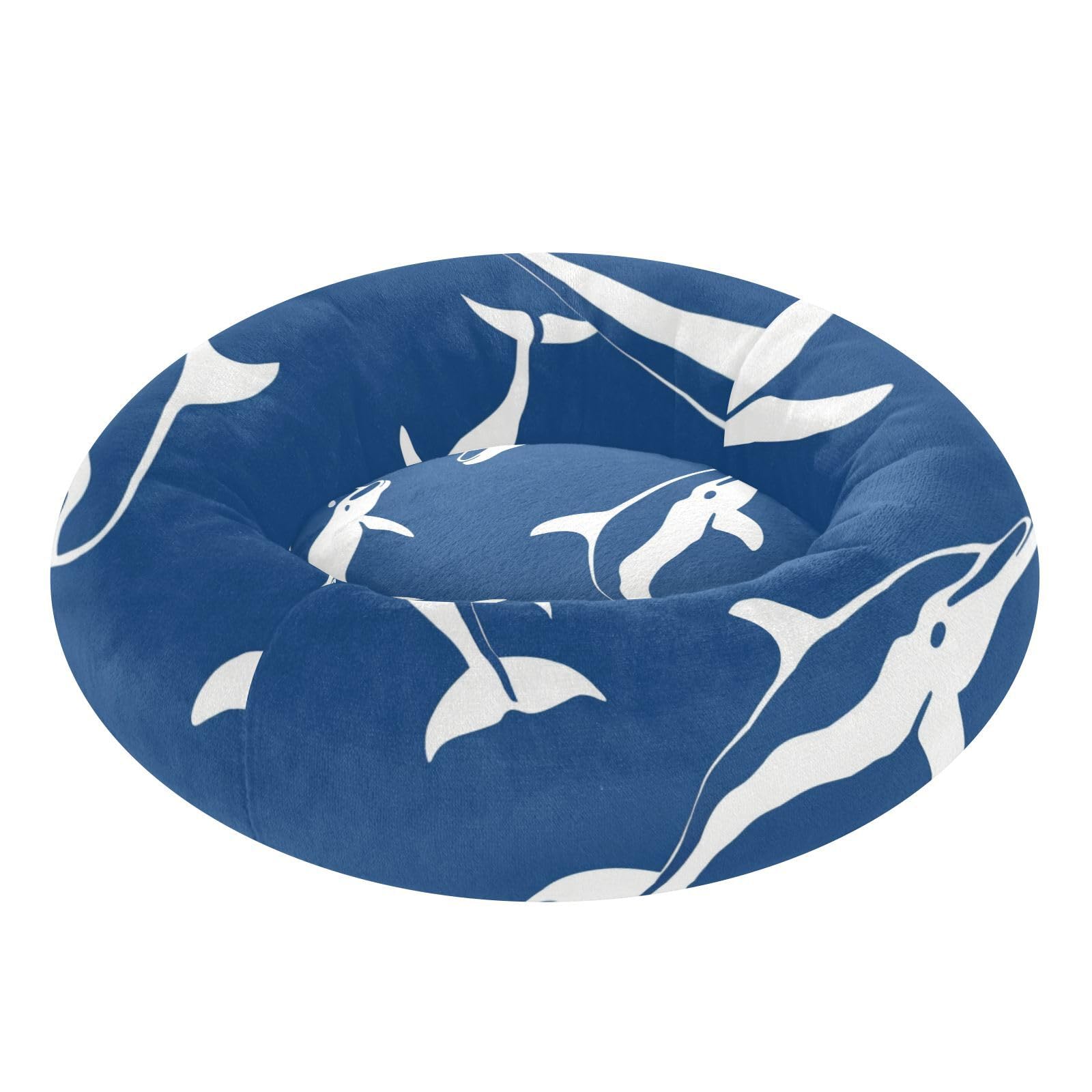 Lit orthopédique pour chien avec dauphins blanc et bleu taille S lavable