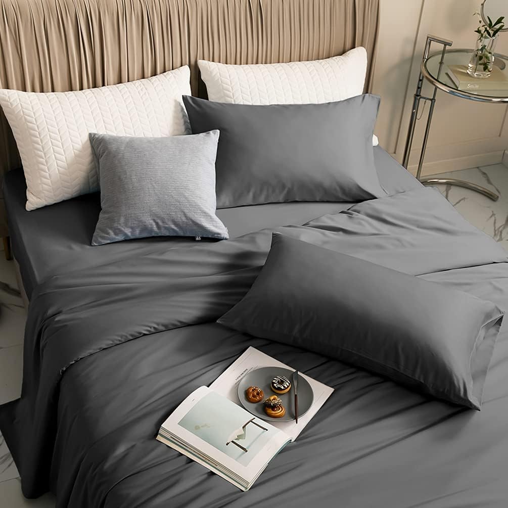 LBRO2M 100% Bamboo Bed Sheet King Size 4 Piece Set,Cooling 1800 Thread Count Sheet,16 Inches Deep Pocket,Bedding Super Soft Silky Smooth,Comfortable,Cool,Dark Grey