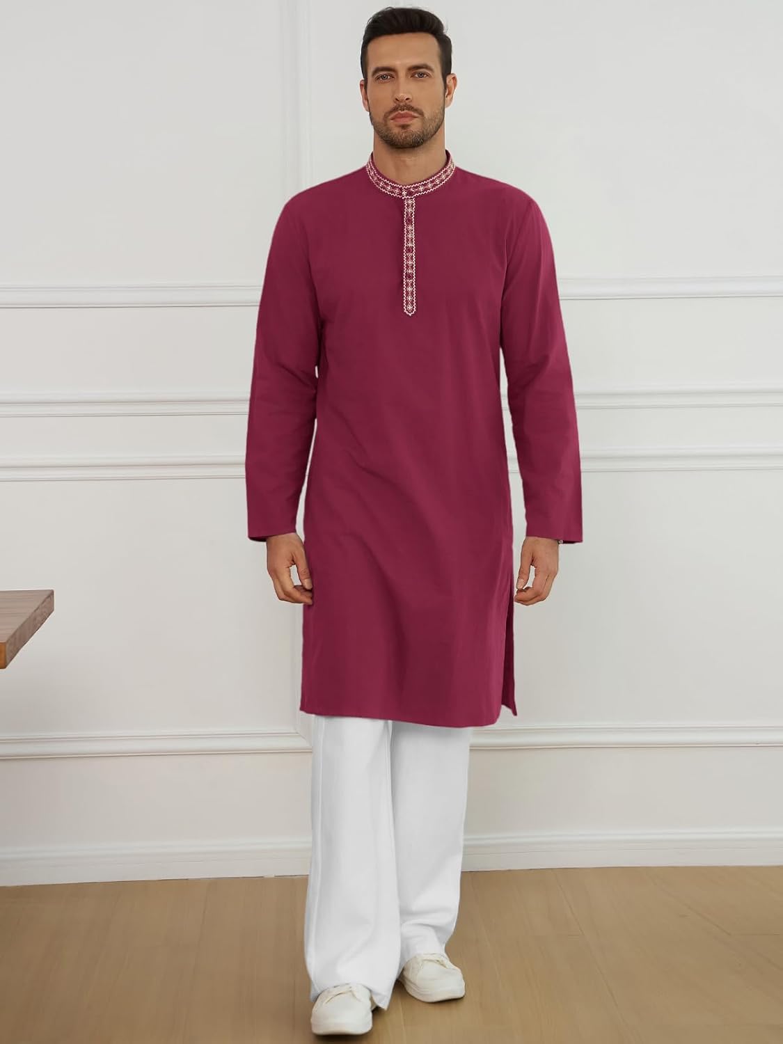 Runcati Mens Cotton Kaftan Robe Long Sleeve Button Down Henley Shirts Thobe Casual Side Split Gown Shirt - Image 5