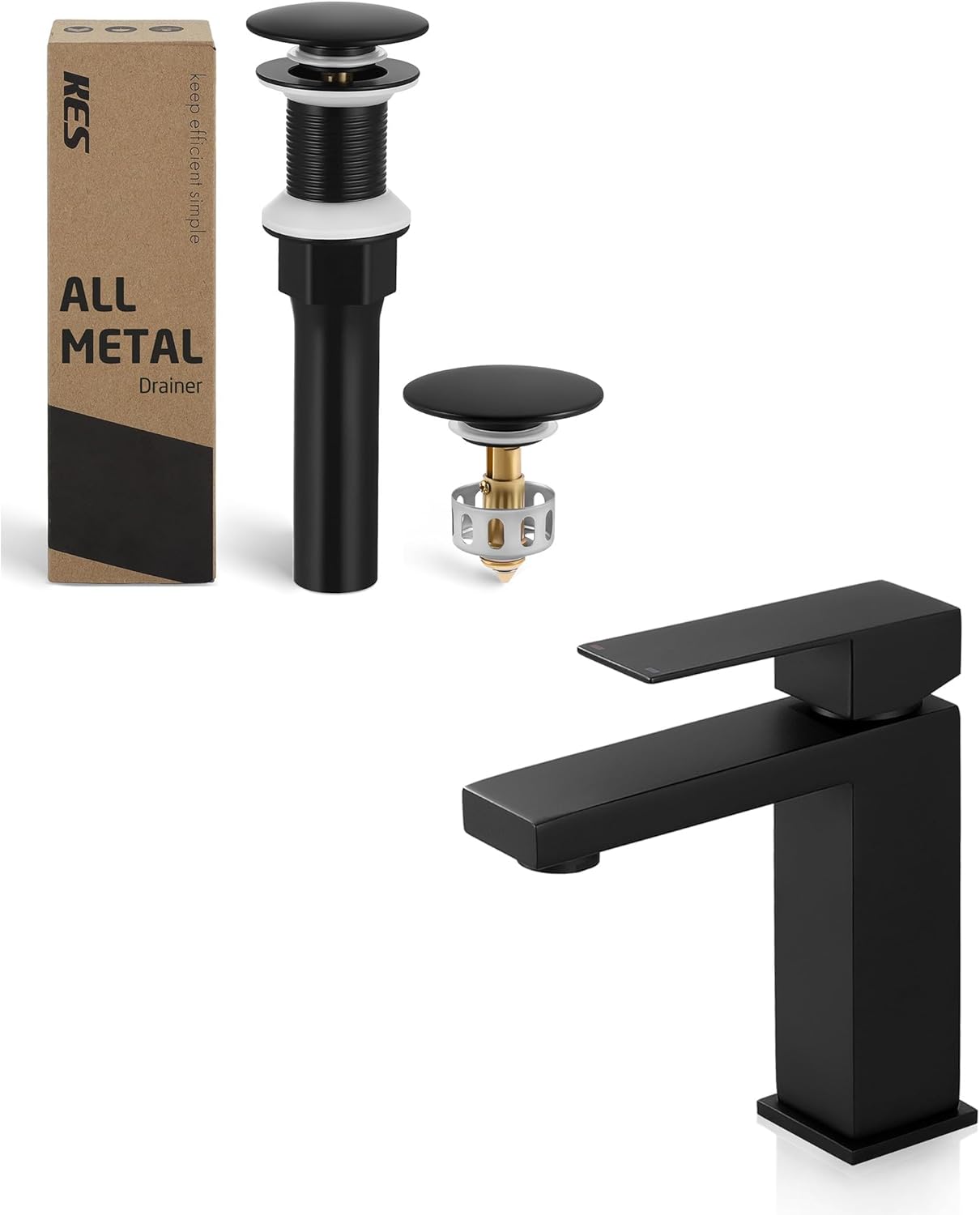 KES Bathroom Sink Drain with Strainer Basket Hair Catcher Black Bathroom Faucet Single Handle Type, S2013D-BK-KES+L3156ALF-BK