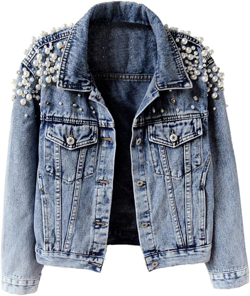 Women's Jean Jacket Embroidered Rivet Pearl Short Denim Jacket Coat