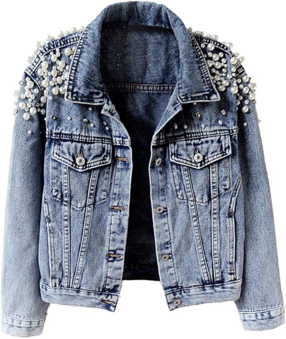 KEDERA Women's Embroidered Rivet Pearl Short Denim Jacket Coat at