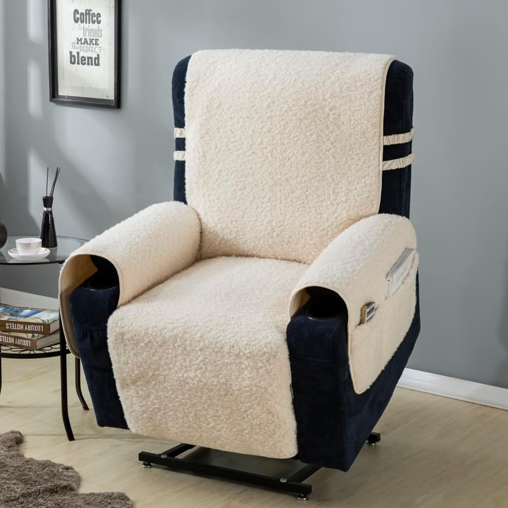 STONECREST Lift Chair Cover, Boer Sherpa Electirc Recliner Slipcover, Stay in Place (White, 23" Regular)