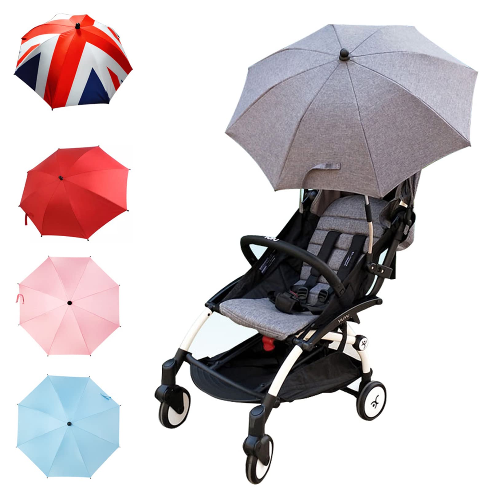 Ombrellone universale per carrozzina, parasole per passeggino, passeggino e passeggino, con manico per ombrello e morsetto di fissaggio regolabile, diametro 75 cm (colore bianco)