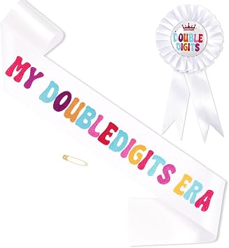 Double Digits Birthday Girl Sash and Birthday Pin In My Double Digits Era Decorations 10th Birthday Decorations 10 Year Old Birthday Decorations Party Supplies Accessories