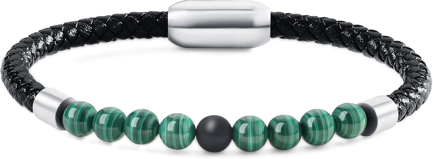 COAI Genuine Leather Bracelet for Men, Onyx Beaded Bracelet for Men