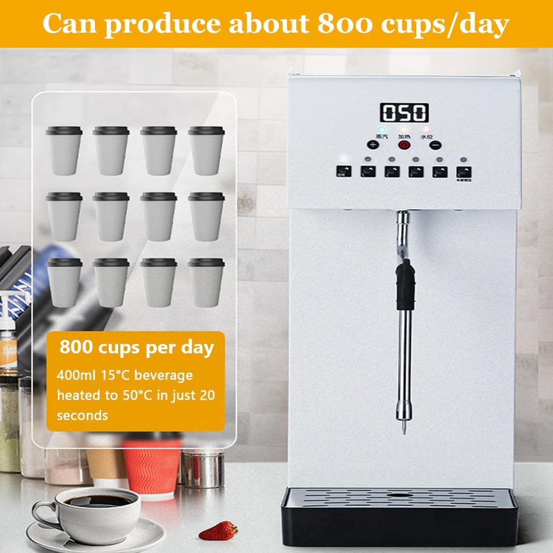 Full-Automatic Steam Boiling Water Frothing Machine, 2500W 6L Commercial Electric Milk Frother with LED Display, 5 Temperature Settings, Fast Foaming Latte/Cappuccino,for Coffee Shops/Tea