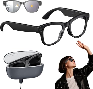 Smart Bluetooth AI Glasses with 8MP Camera & Chat GPT, Support 1080P Video & 32GB Storage, 3600Mah Charging Case, Voice Control, Translator Eyewear for Travel/VloggingBlack+Black case