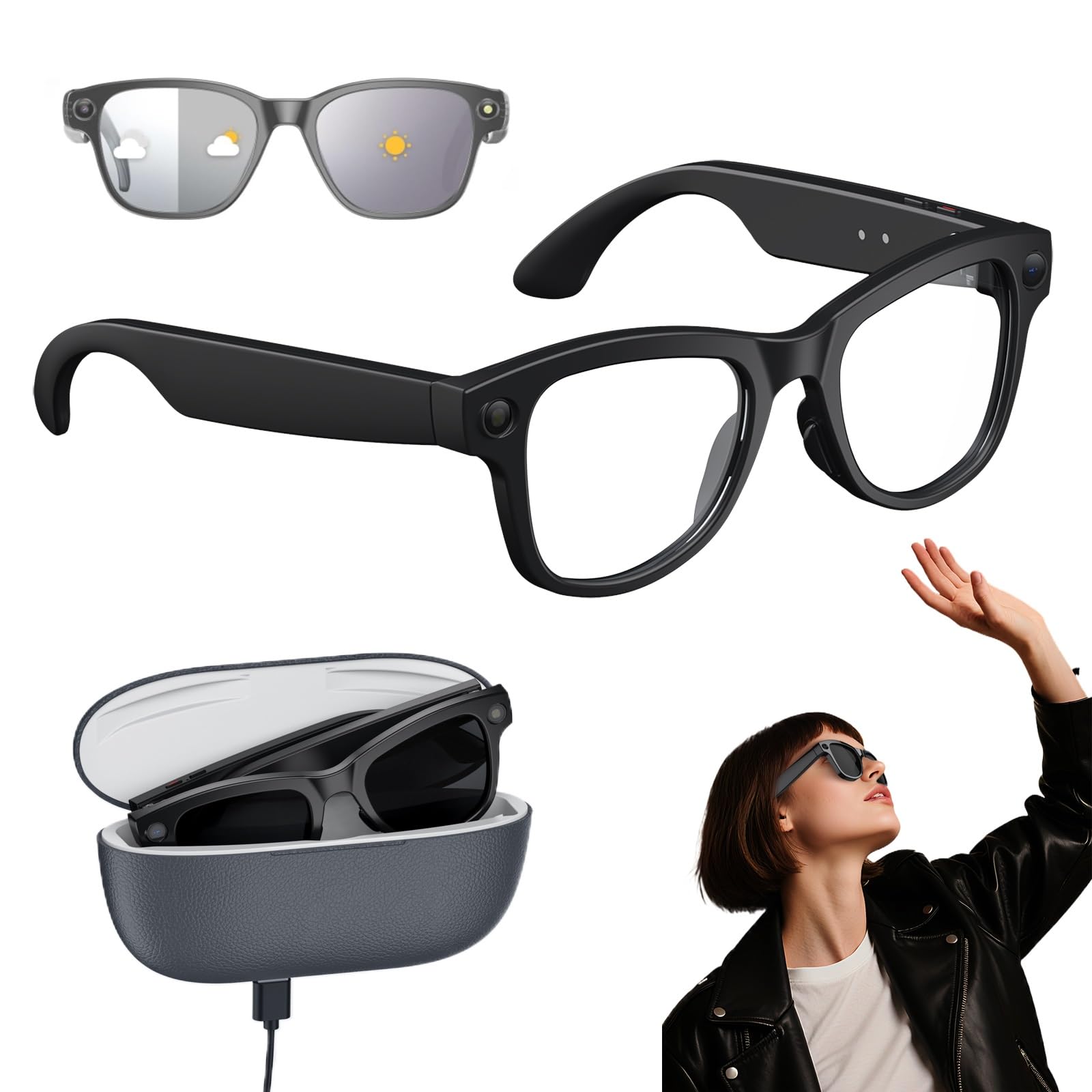 Occhiali Bluetooth AI Intelligenti Con Fotocamera Da 8MP E Chat GPT, Supporta Video 1080P E 32GB Di Memoria, 3600mAh Custodia Di Ricarica, Occhiali Per Traduttori(Black+Black case)