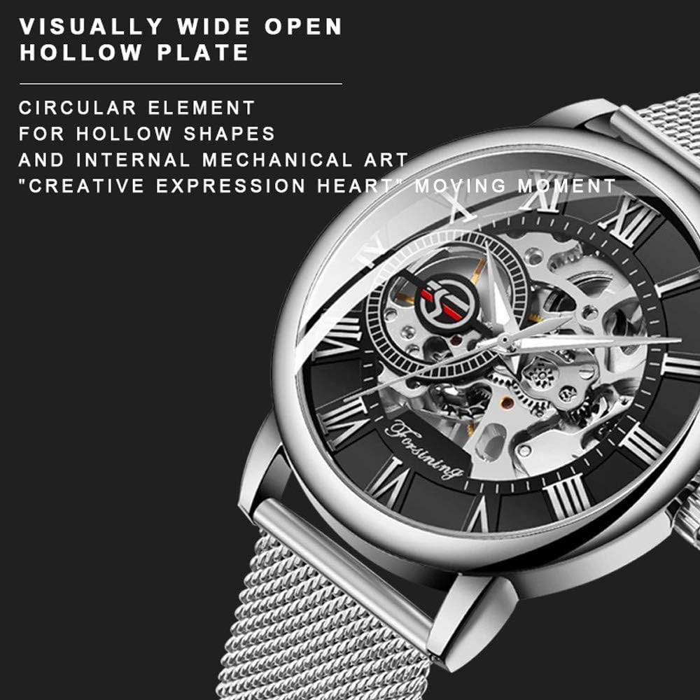 Gosasa Reloj mecánico de cuerda manual para hombre, ultrafino, esqueleto hueco, pulsera de acero inoxidable, reloj de pulsera de malla, Plateado negro, Moderno