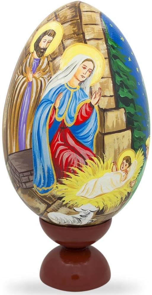 Virgin Mary in Mangle Nativity Scene Wooden Egg Figurine 7.25 Inches