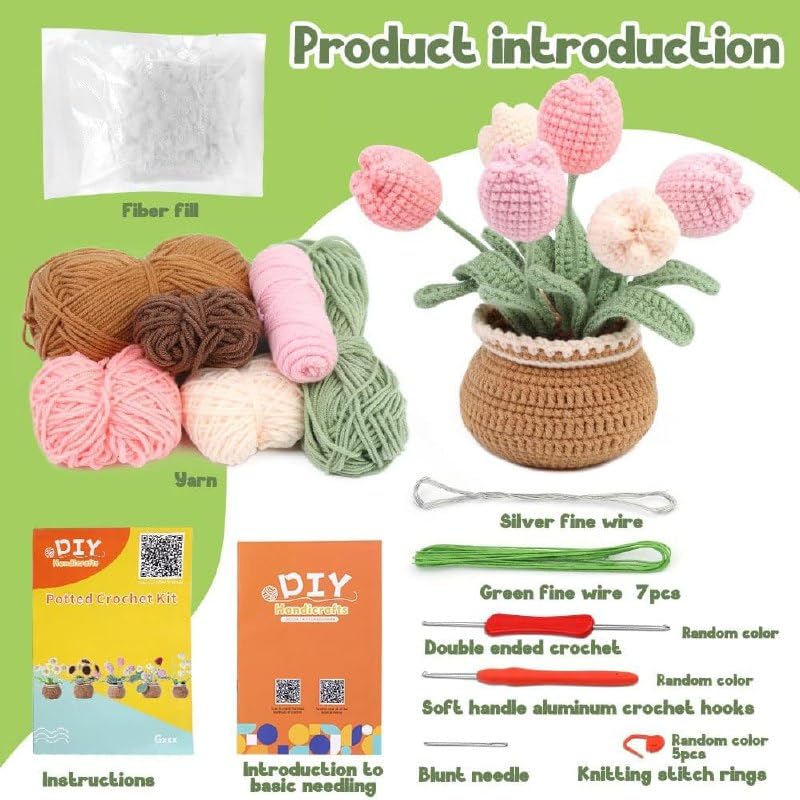 Image of Dodhar DIY Tulip Crochet Kit for Beginners - Complete Amigurumi Flower Pot Kit with Yarn, Hooks & Needles - Easy Knitting & Crocheting Starter Set for Adults & Teens (Tulip Crochet KIT)