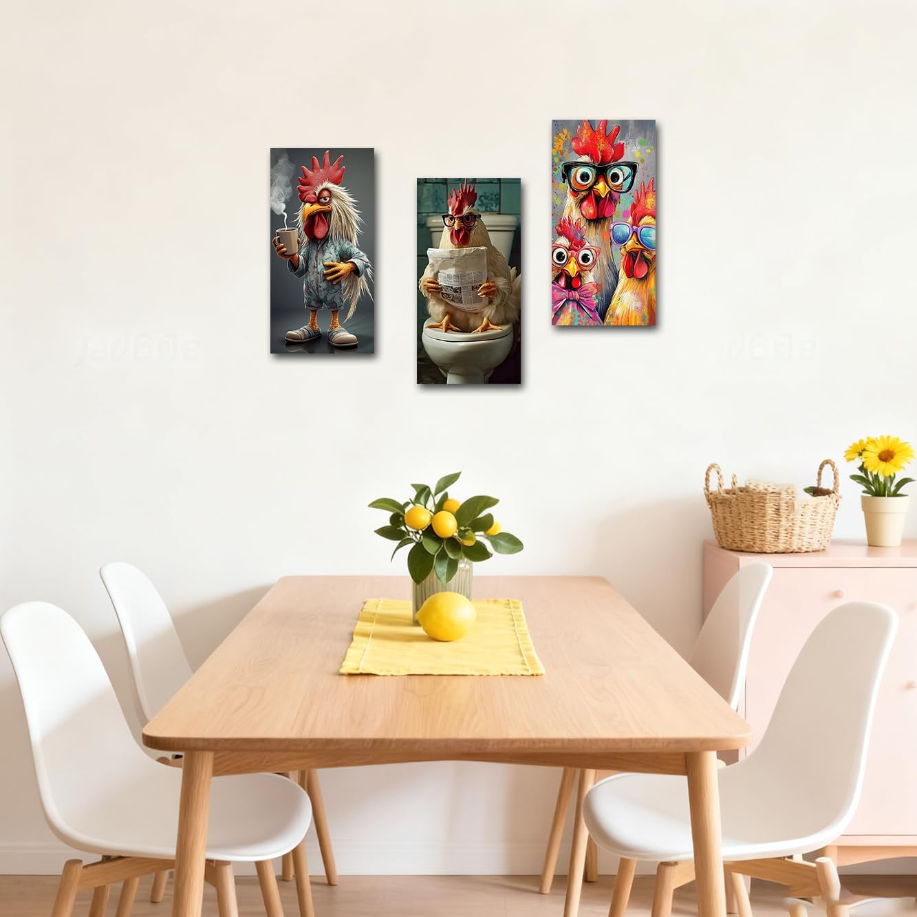 SWQYLB 3 Pieces Rooster Wall Art Farm Animal Canvas Prints Funny Chicken in Glasses & Drinking Coffee Pictures Whimsical Kitchen Farmhouse Kids Room Decor Frame (16x8inchx3 Pieces) image 4