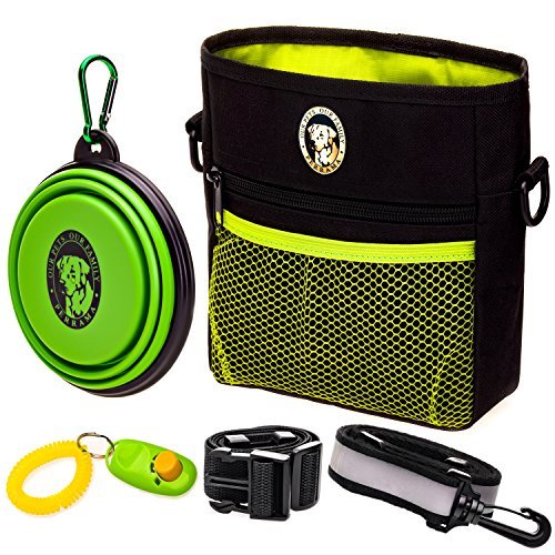 PERRAMA Dog Treat Bag, Training Pouch for Small and Large Dogs with Clicker and Collapsible Food Bowl BPA Free – Pet Treats Tote Bag with Waist and Shoulder Reflective Straps and Belt Clip (Black)
