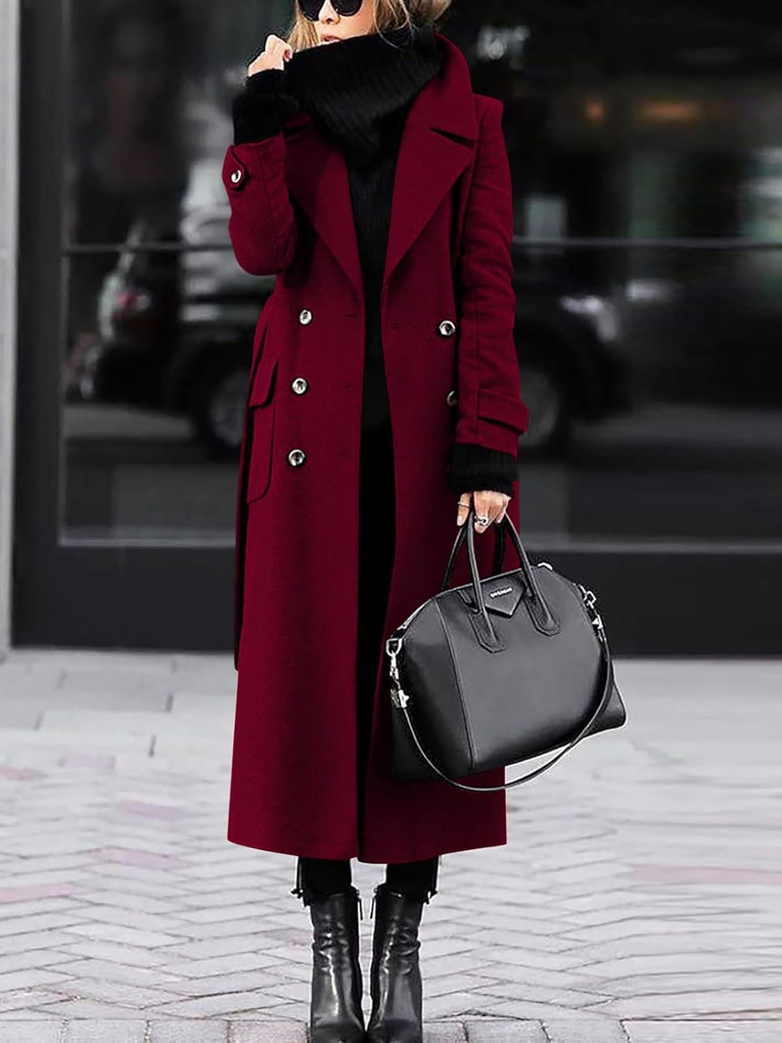 ebossy Women‘s Winter Double Breasted Wool Coat Elegant Notched Lapel Belted Mid Long Pea Trench Coat - Image 2