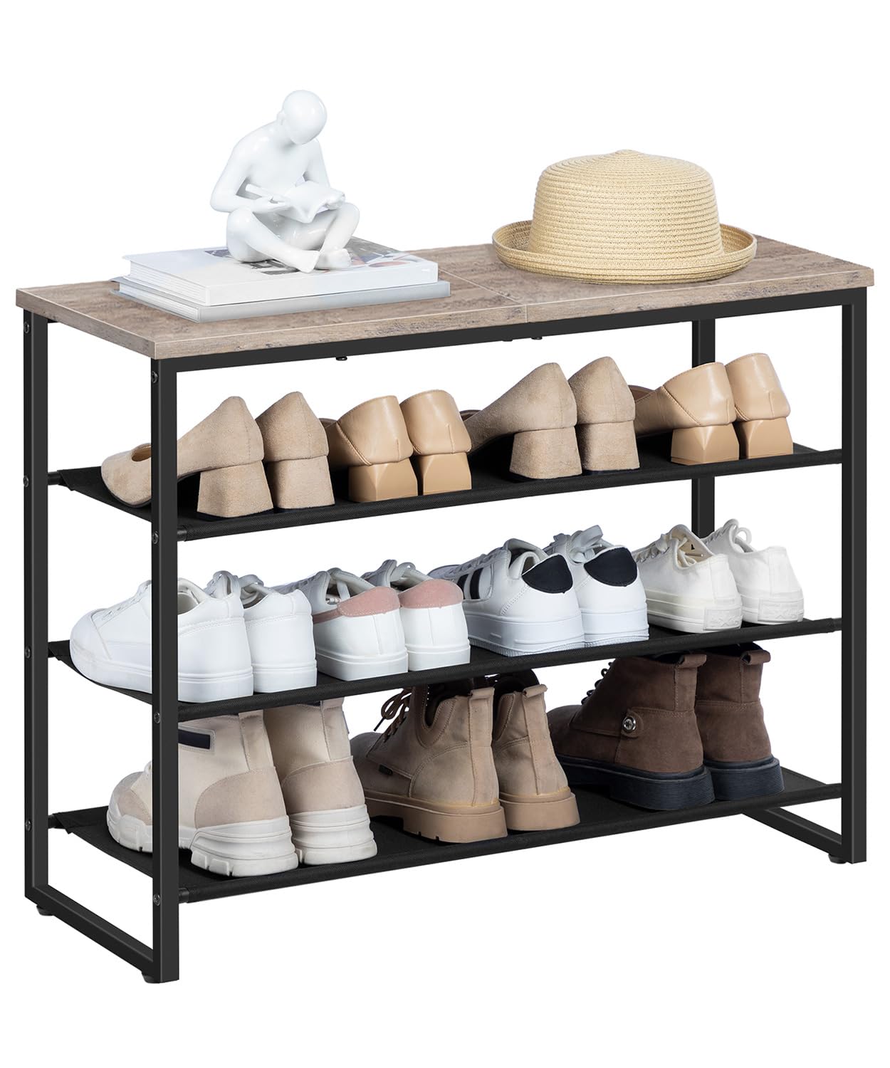 HOOBRO Zapatero, Estantería para Zapatos de 4 Niveles, 3 Compartimentos de Tela Oxford y Placa Superior, para 12-16 Pares de Zapatos, para Entrada, Aparador, Estilo Industrial, Greige EBG47XJ01G1