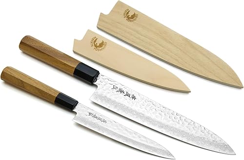 Yoshihiro Juego de cuchillos de chef Gyuto de Damasco martillado de 46 capas y cuchillo utilitario (Gyuto 8.25 pulgadas (8.268 in) y pequeño 6 Mango