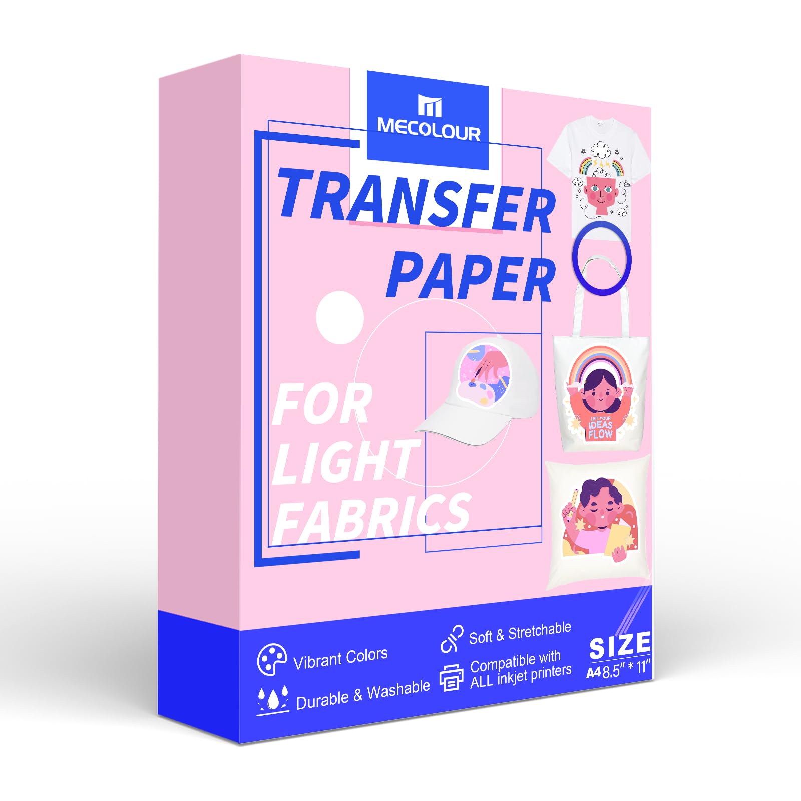 MECOLOURHeat Transfer Paper for Light T Shirts,50 Sheets Iron on Transfer Paper for Inkjet Printer Printable Heat Transfer Vinyl for Light Fabric