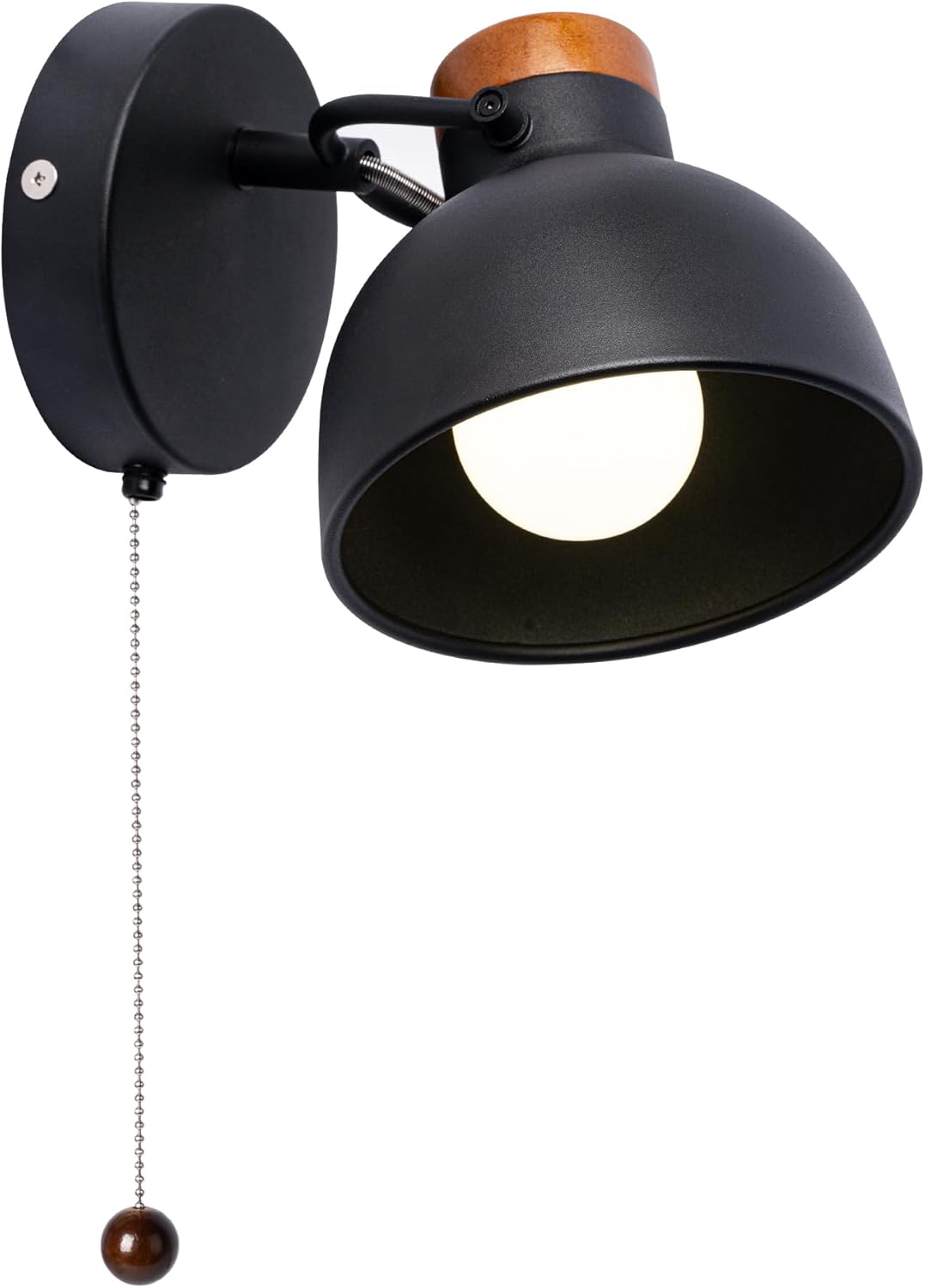 Aisilan Wall Sconce with Pull Chain Black Metal Wall Light for Bedside Wooden Indoor Wall Mounted Lamp with E12 Bulb Hardwire Wall Sconces for Bedroom Living Room Hallway Office 3000k Warm White