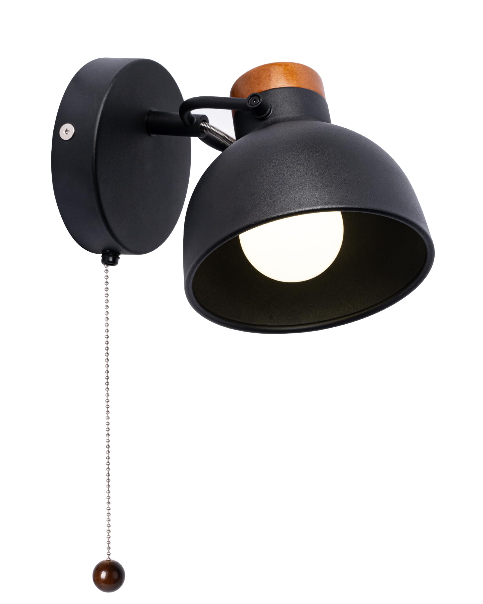 Aisilan Pull Cord Wall Light for Bedroom Adjustable Wooden & Metal Wall Lamp with Black Shade - Image 2