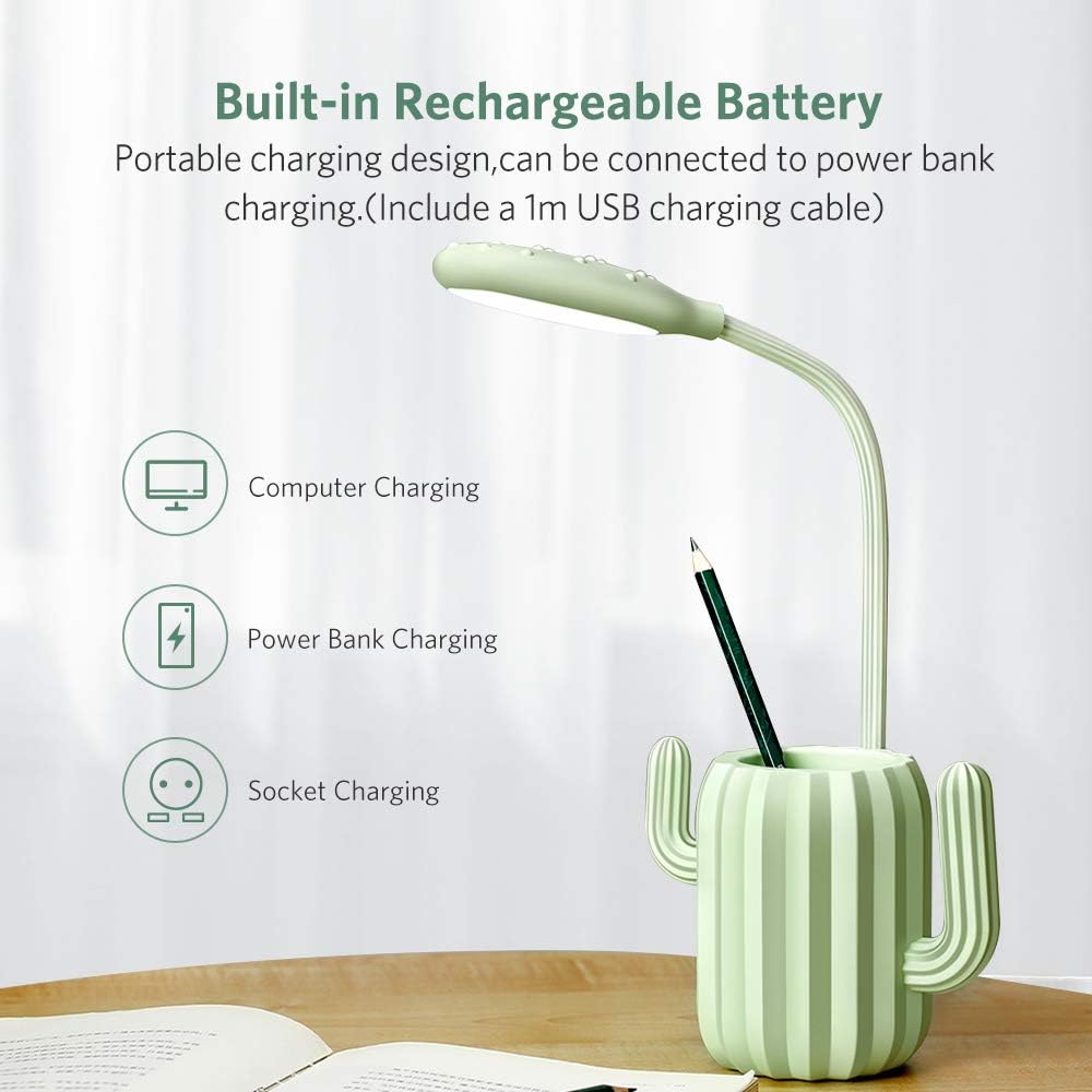 VADIV Desk Lamp, Cute Kids LED USB Rechargeable 3 Level Reading Table Lamp Children Bedside Light with Pencil Holder for Office Home Study - Green