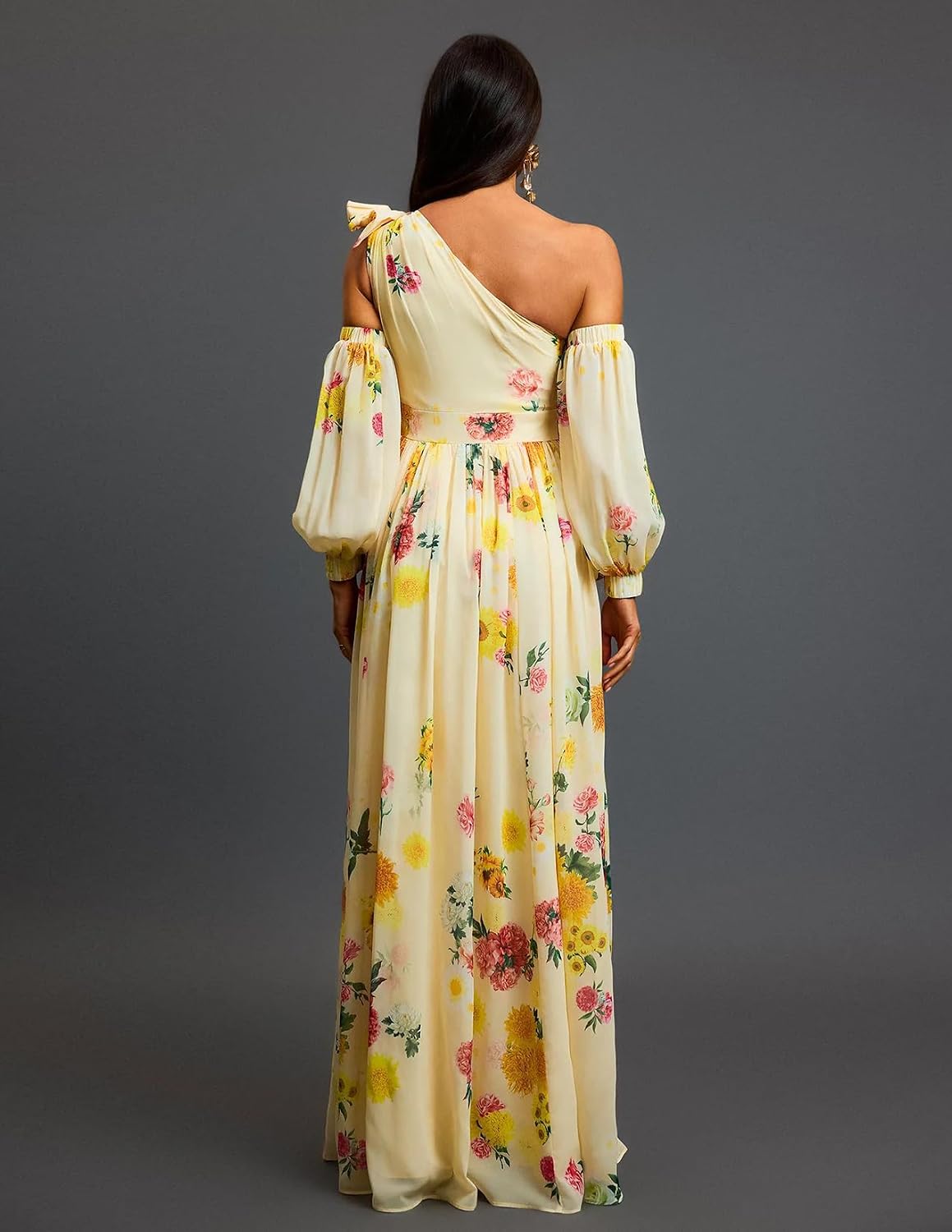 BELLA BARNETT Printed Floral Dress Yellow Mesh Dress One Shoulder Elegant Dress