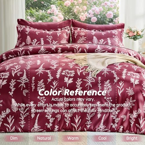 Image of MUXHOMO Burgundy Full Comforter Set, Elegant Floral Print Bed in a Bag 7 Pieces, Ultra Soft & Breathable Reversible Botanical Pattern Bedding Set with Comforter, Sheets, Pillowcases, and Shams