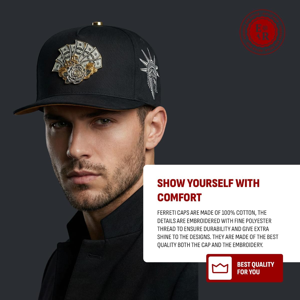 Ferreti – FT160 – Original Snapback Hat – Trucker Baseball Cap – Adjustable Money Fan Embroidered Design – Black