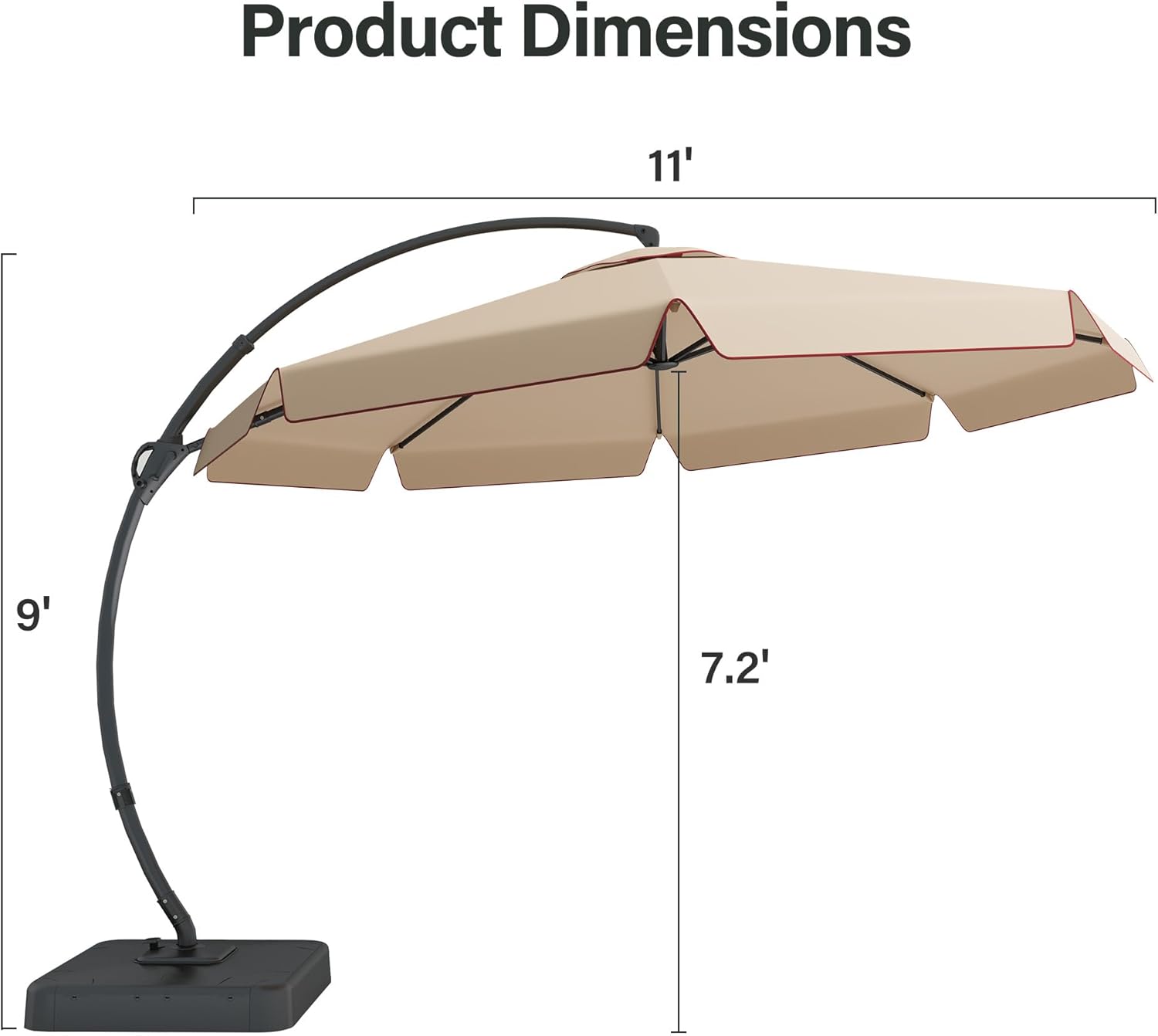LAUSAINT HOME 12FT Cantilever Patio Umbrella with Base, 360° Rotation Offset Hanging Umbrella, Heavy Duty Curvy Outdoor Umbrella for Backyard, Poolside, Garden （Champagne-with ruffles）