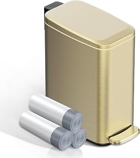 KSSKSS Small Bathroom Trash Can with Lid Soft Close, Step Pedal, 6L / 1.6 Gal Stainless Steel Garbage Bin with Removable Inner Bucket, Slim Wastebasket for Narrow Spaces (Gold)