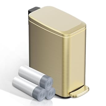 KSSKSS Small Bathroom Trash Can with Lid Soft Close, Step Pedal, 6L / 1.6 Gal Stainless Steel Garbage Bin with Removable Inner Bucket, Slim Wastebasket for Narrow Spaces Gold