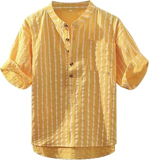 Men's T-Shirt Mens Short Sleeved Shirts Men's Fashion Spring and Summer Casual Short Sleeved Striped Shirt Shirt Men's Cotton and Linen Shirt Athletic Fit