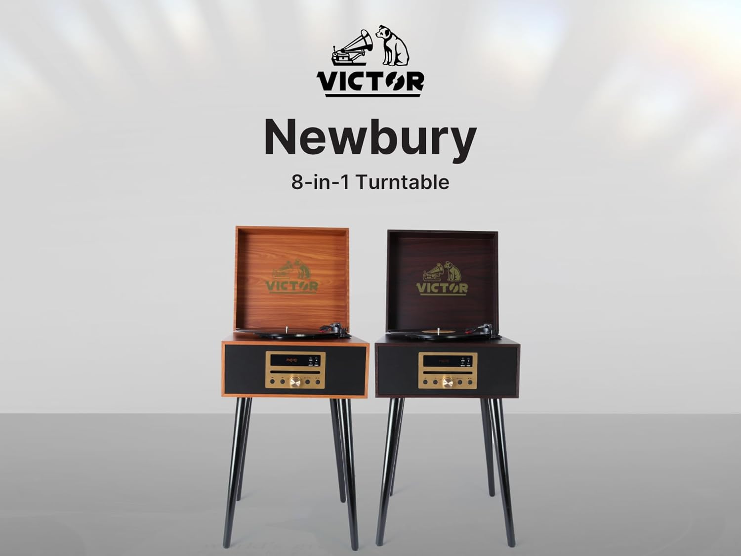 Victor VWRP-3500 Newbury 8-in-1 Turntable Music Center with Record Player, CD/MP3 Player, FM Radio, Bluetooth, USB Playback and Recording, Built-in Stereo Speakers, and Chair-Height Legs
